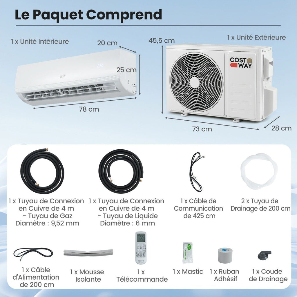 Climatiseur Mini Split 9000 BTU (2,6 kW) A++ avec Pompe à Chaleur