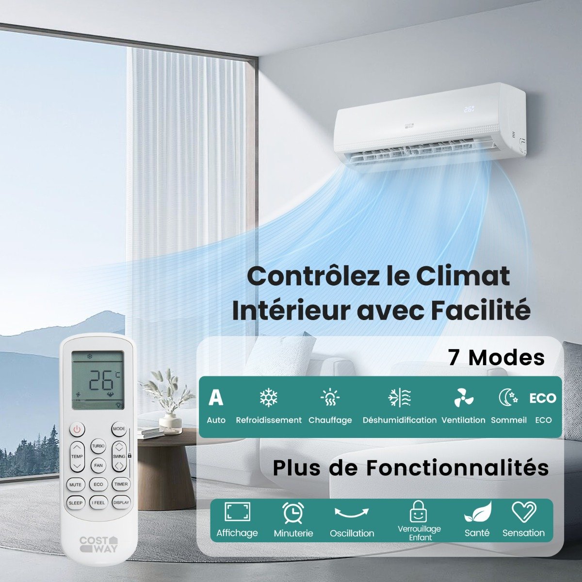 Climatiseur Mini Split 9000 BTU (2,6 kW) A++ avec Pompe à Chaleur