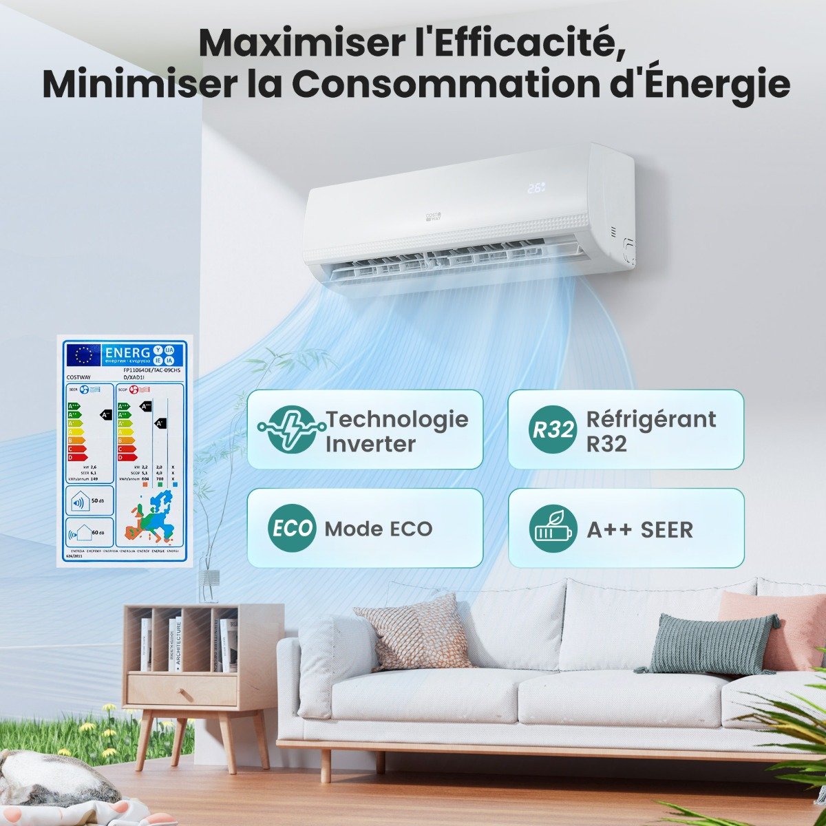 Climatiseur Mini Split 9000 BTU (2,6 kW) A++ avec Pompe à Chaleur
