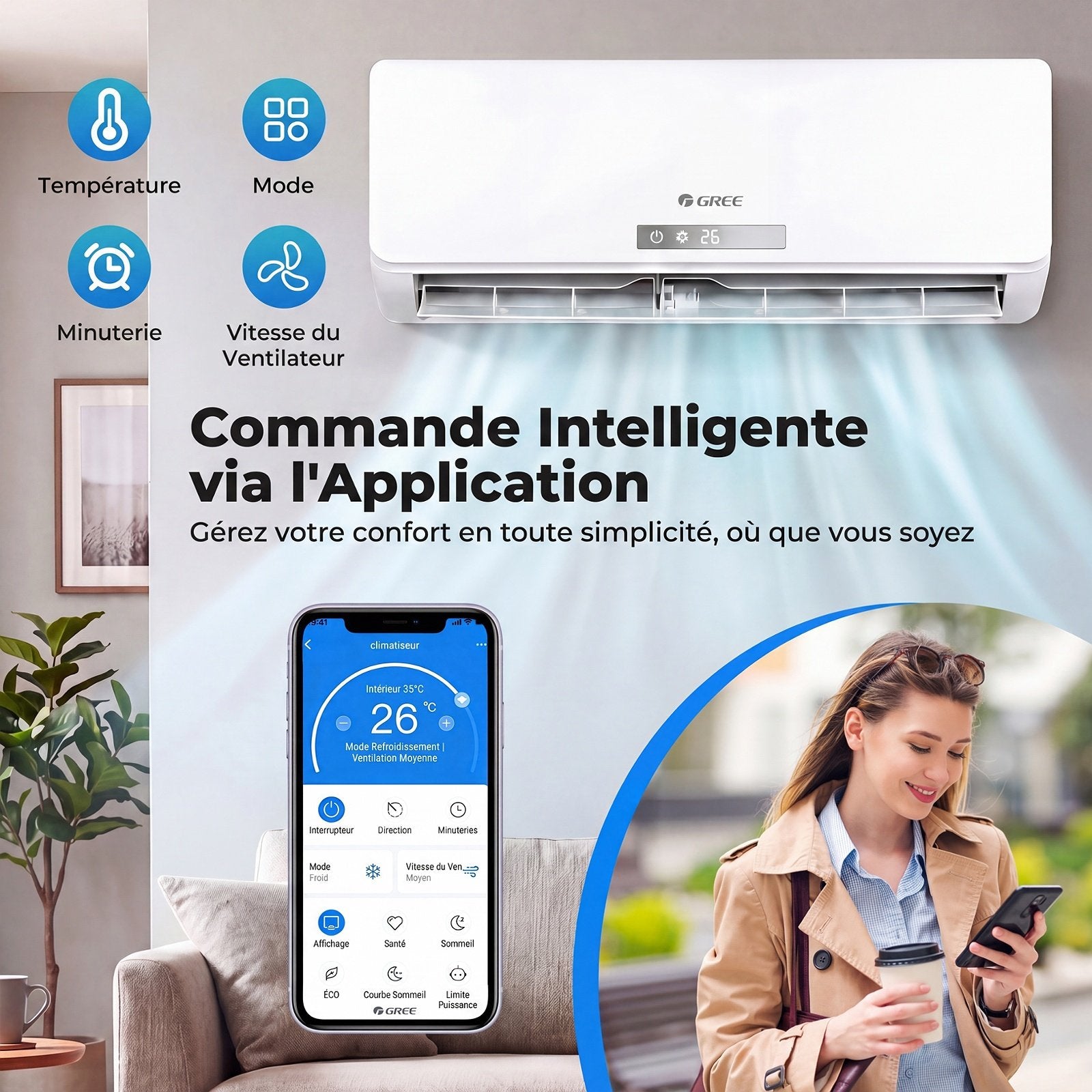 Climatiseur Split 9000 BTU avec Chauffage, Inverter, Wifi