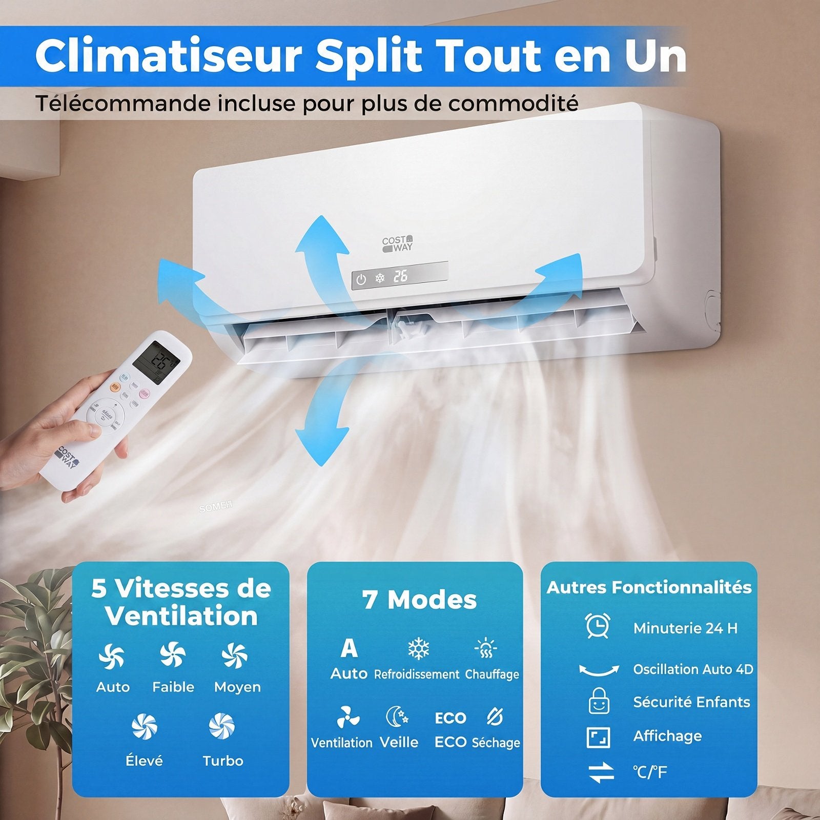 Climatiseur Split 9000 BTU avec Chauffage, Inverter, Wifi