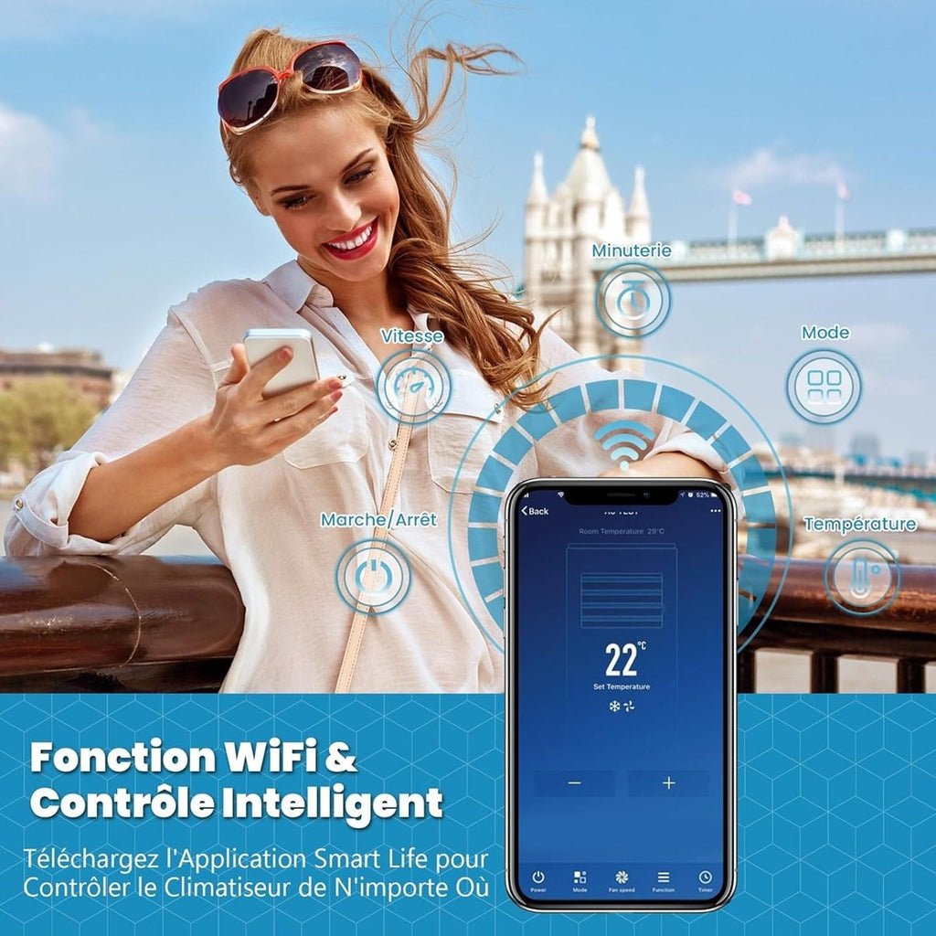 Climatiseur Portable 9000 BTU 4 en 1, Wifi, Silencieux