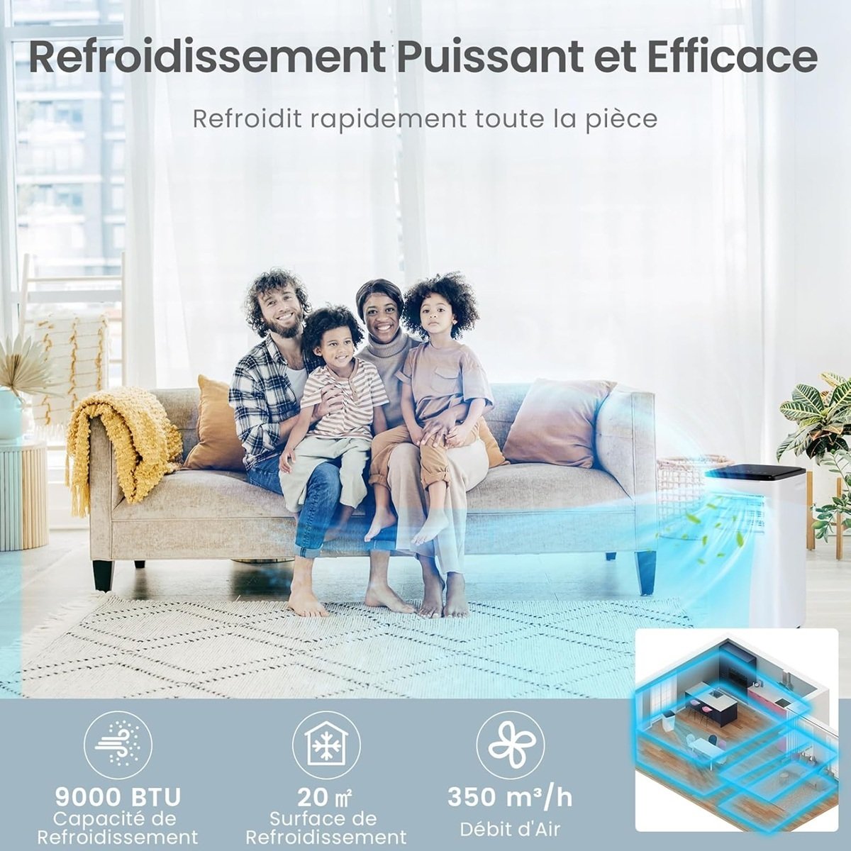 Climatiseur Portable 9000 BTU 4 en 1, Wifi, Silencieux