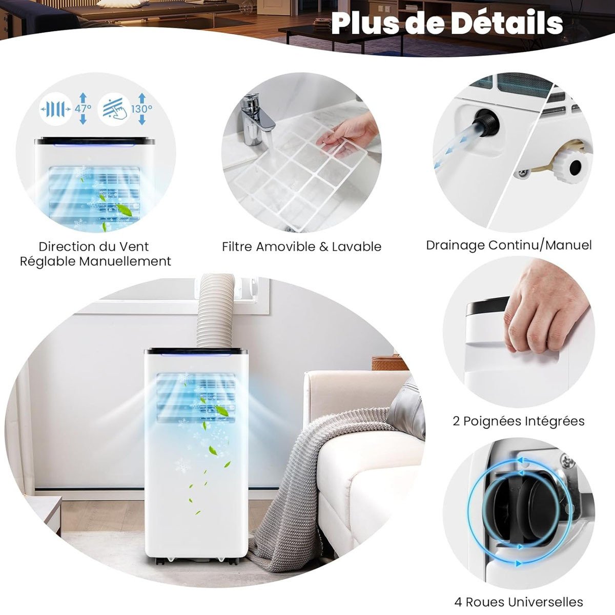Climatiseur Portable 9000 BTU 4 en 1, Wifi, Silencieux