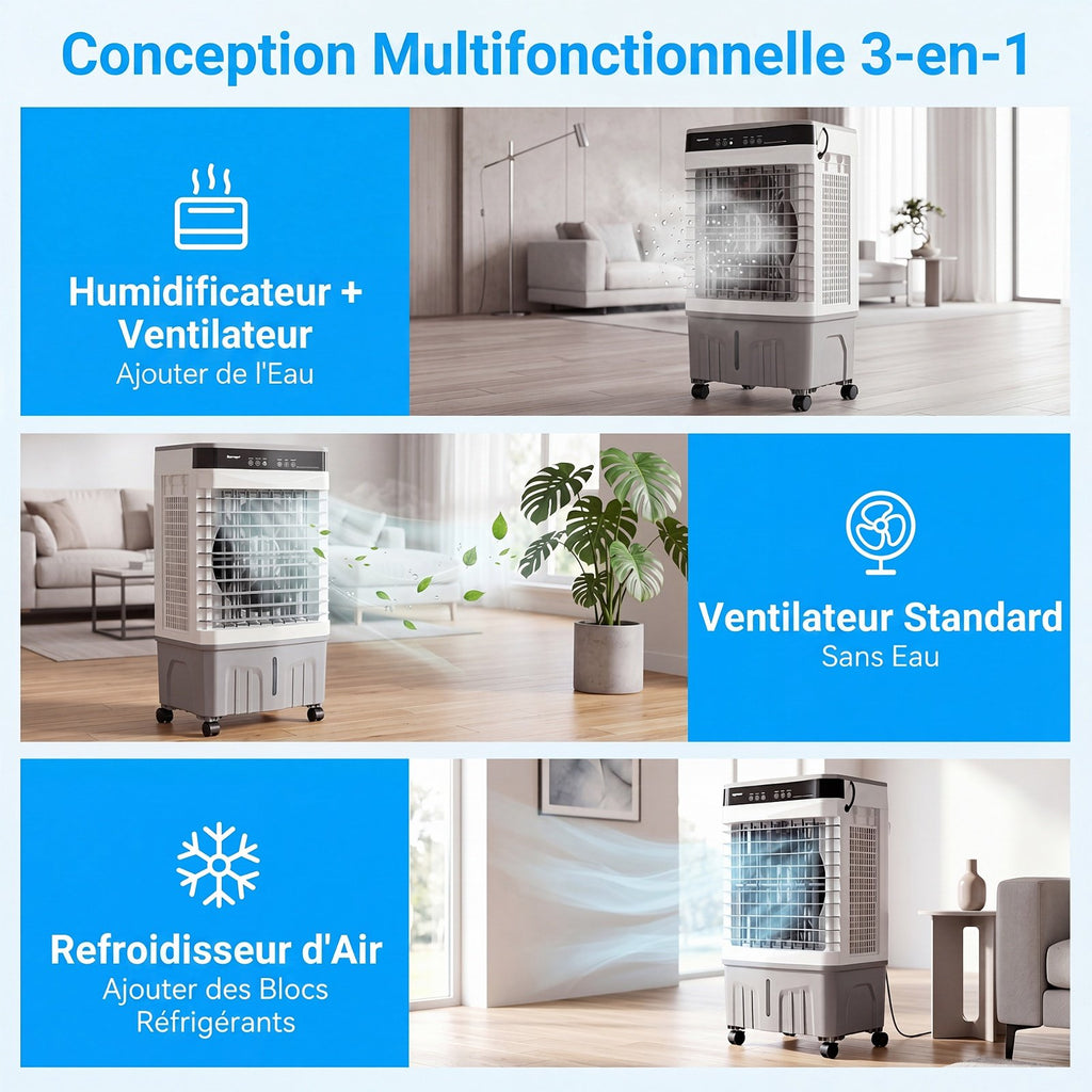 Climatiseur Portable 3 en 1 avec Télécommande, Réservoir 15L