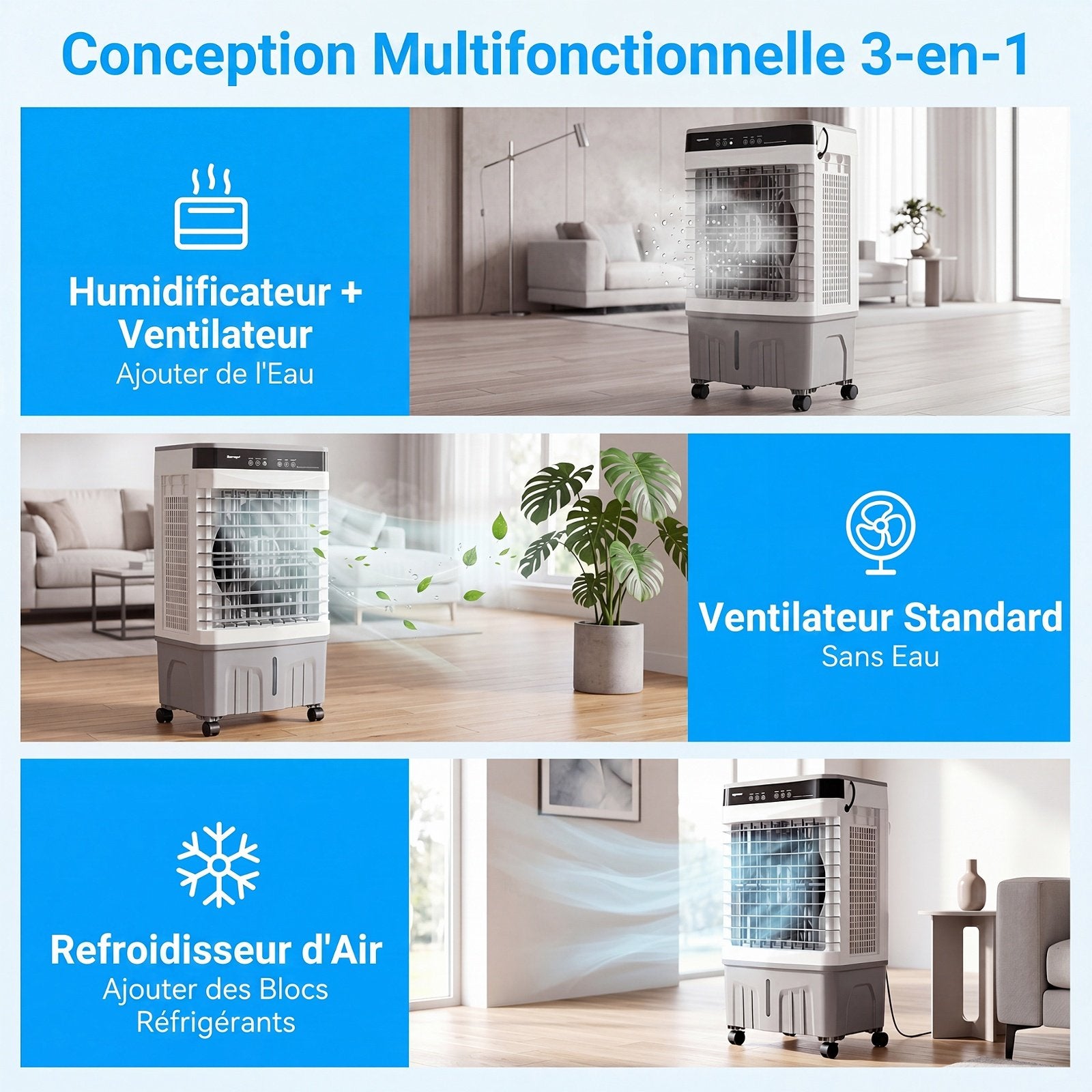 Climatiseur Portable 3 en 1 avec Télécommande, Réservoir 20L, Gris