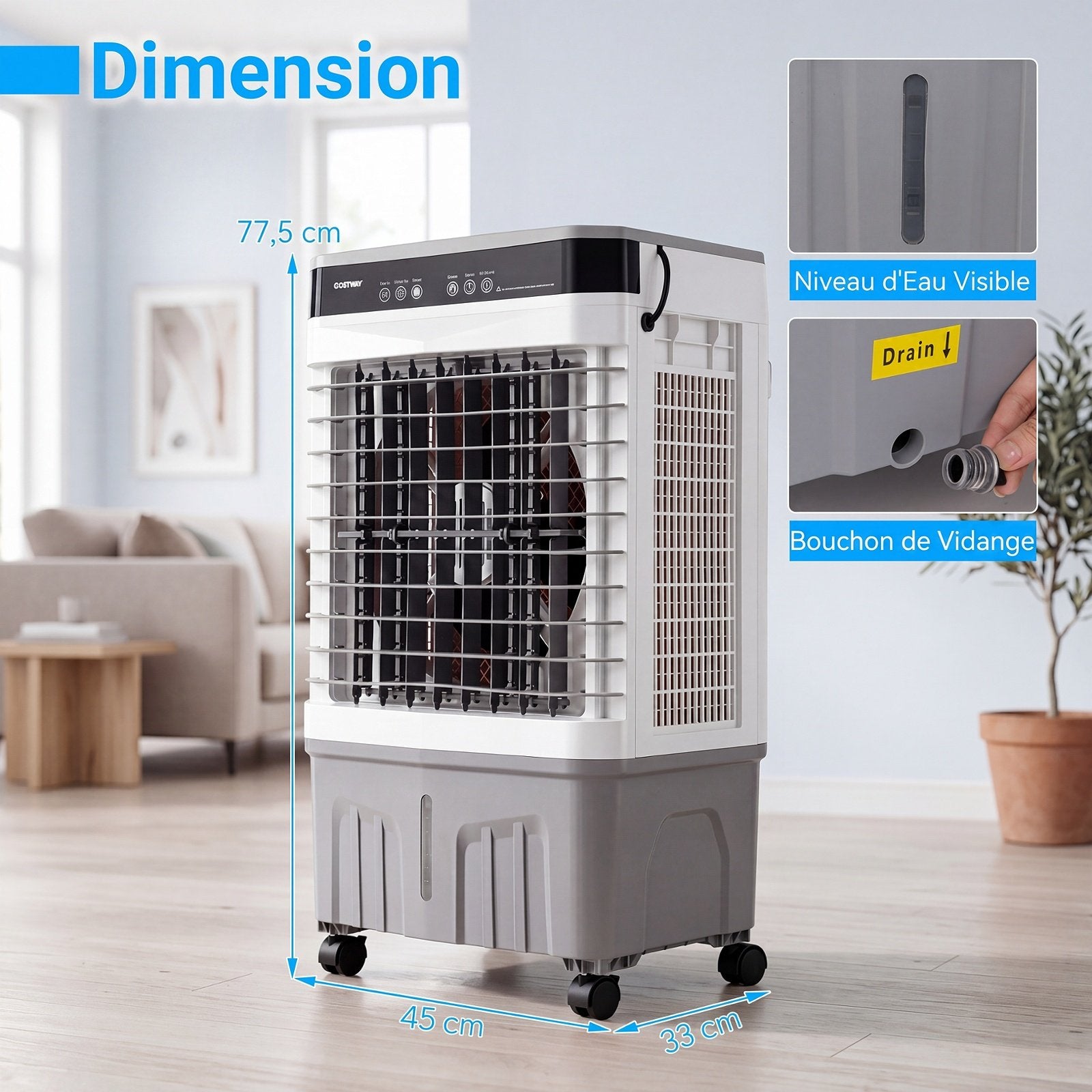 Climatiseur Portable 3 en 1 avec Télécommande, Réservoir 20L, Gris