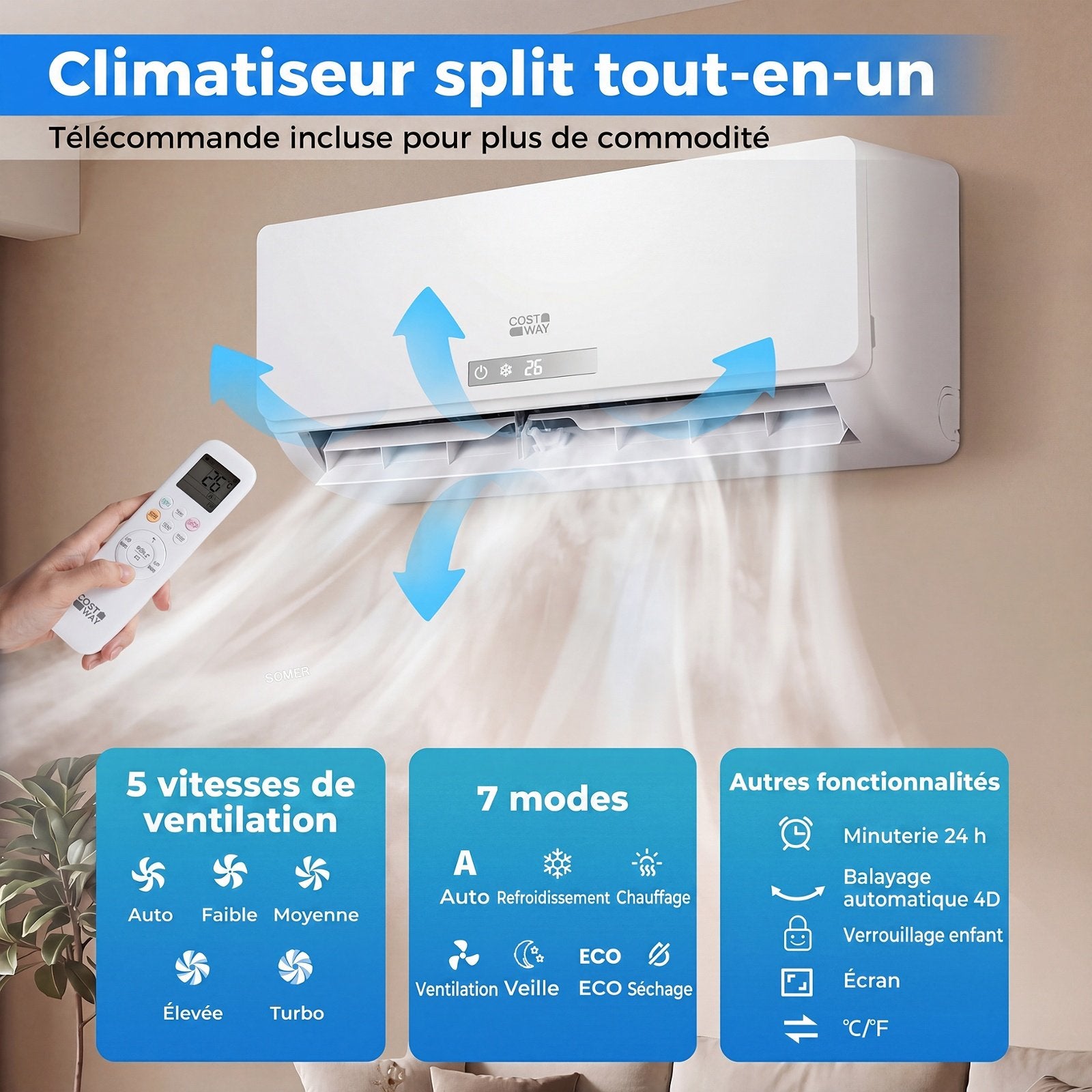 Climatiseur Split Réversible 12000 BTU, 19dB, Classe A++