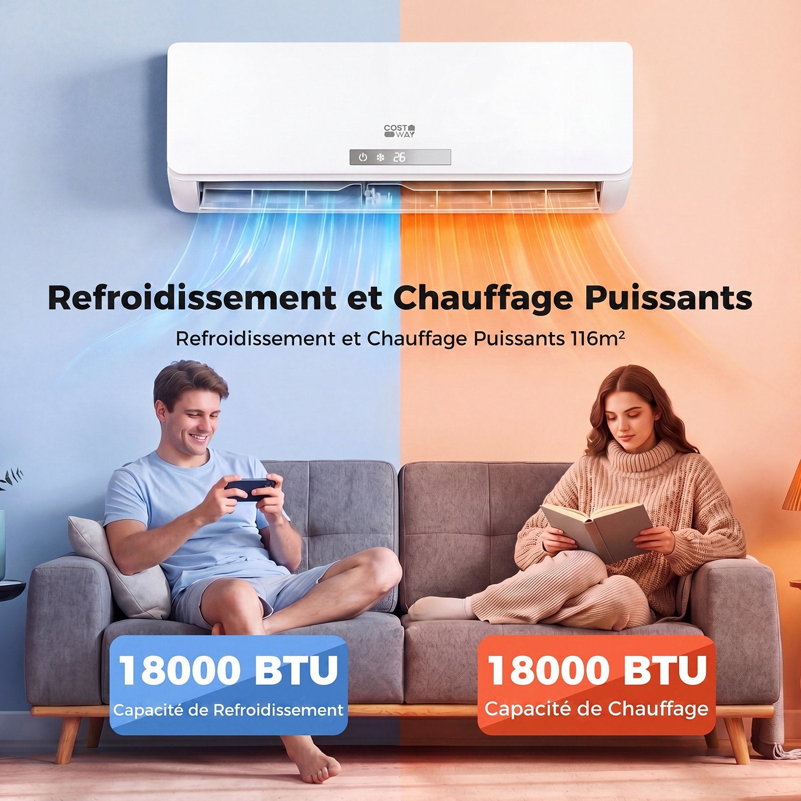 Climatiseur Split Réversible 18000 BTU, 19dB, Autonettoyant