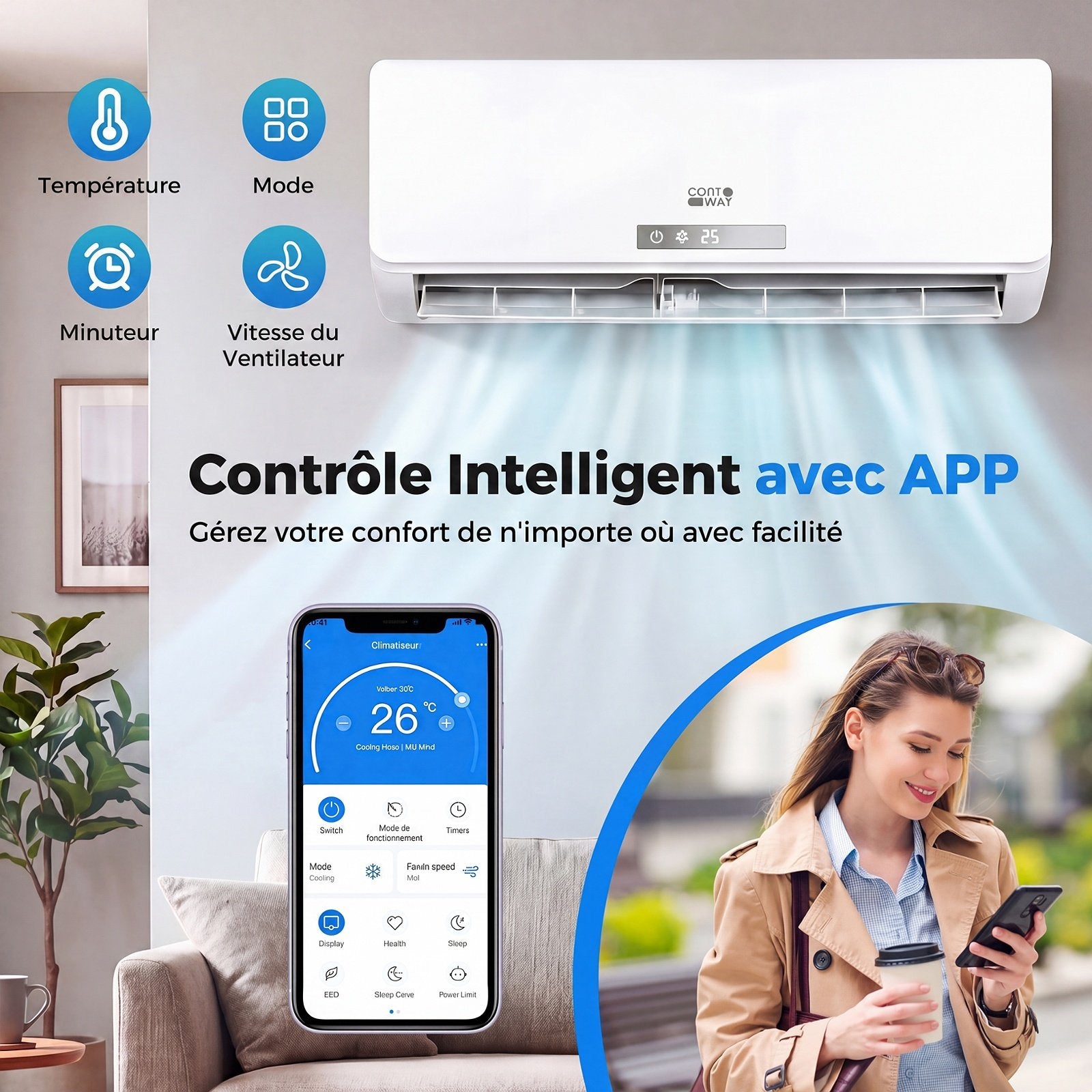 Climatiseur Split Réversible 18000 BTU, 19dB, Autonettoyant
