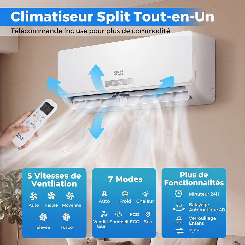 Climatiseur Split Réversible 18000 BTU, 19dB, Autonettoyant
