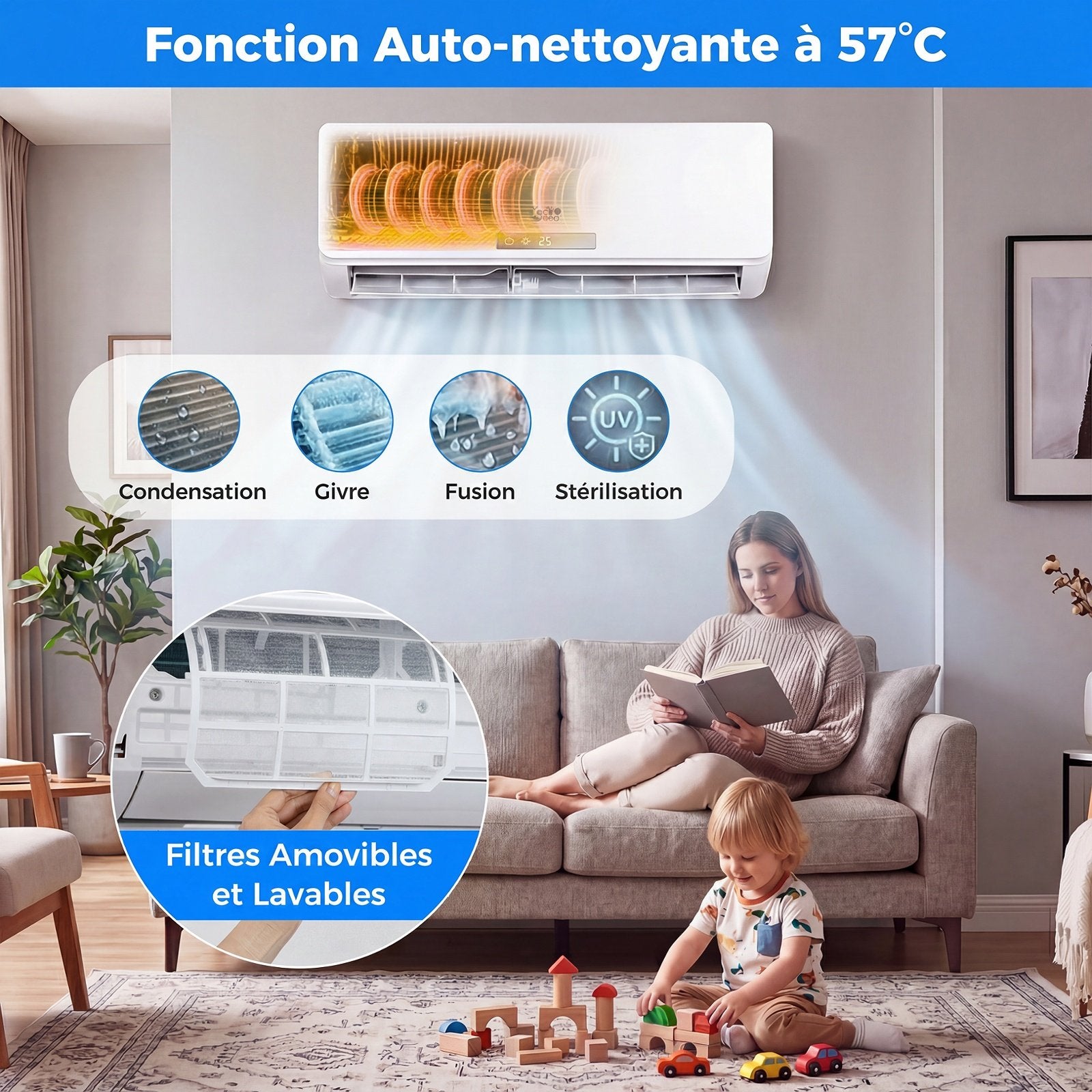 Climatiseur Split Réversible 18000 BTU, 19dB, Autonettoyant