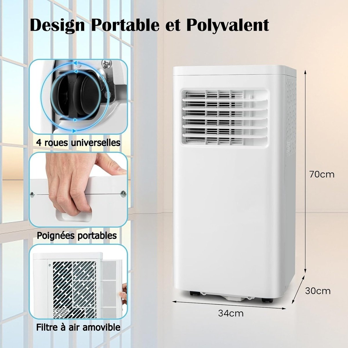 Climatiseur Portable Silencieux 9000 BTU 4 en 1, Wifi