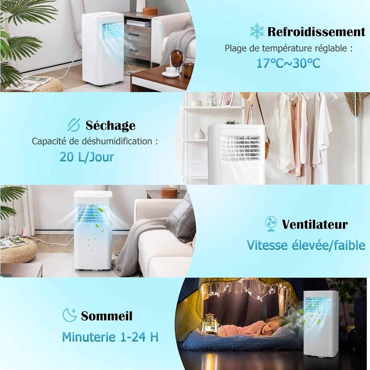 Climatiseur Portable Silencieux 9000 BTU 4 en 1, Wifi