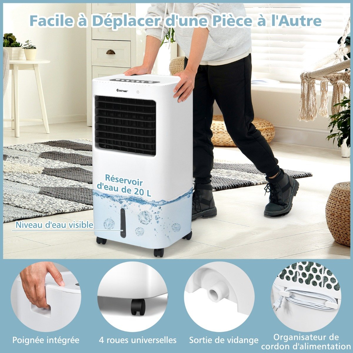 Ventilateur Rafraîchisseur d'Air 4 en 1, Réservoir 20L, Oscillation 40°