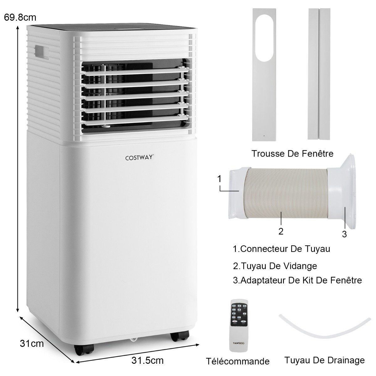 Climatiseur Portable 3 en 1, 9000 BTU, 2 Vitesses, Minuterie 24h