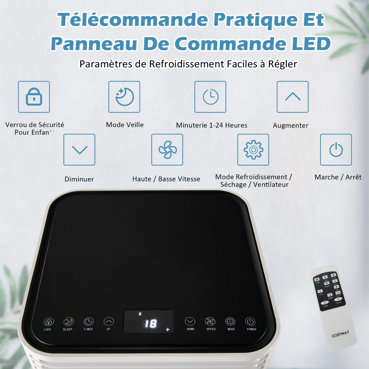 Climatiseur Portable 3 en 1, 9000 BTU, 2 Vitesses, Minuterie 24h
