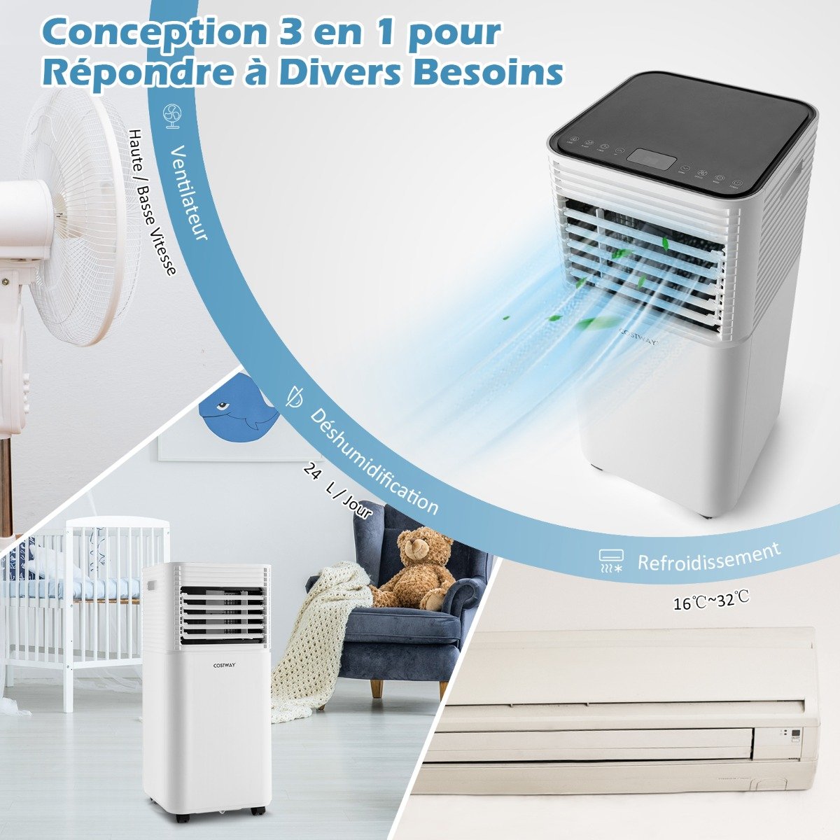 Climatiseur Portable 3 en 1, 9000 BTU, 2 Vitesses, Minuterie 24h