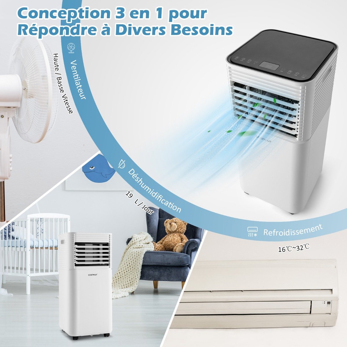 Climatiseur Portable 3 en 1, 9000 BTU, 2 Vitesses, Minuterie 24h