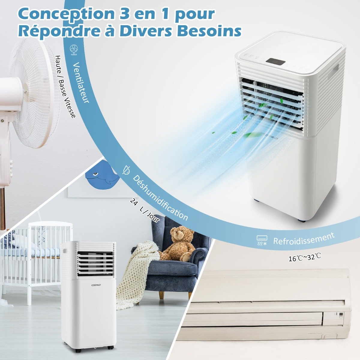 Climatiseur Portable 3 en 1, 7000 BTU, 2 Vitesses