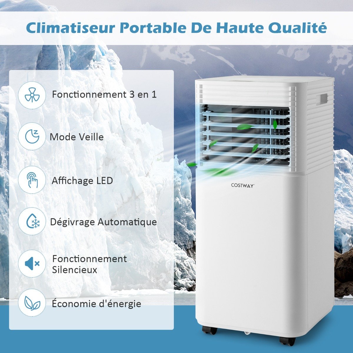 Climatiseur Portable 3 en 1, 7000 BTU, 2 Vitesses
