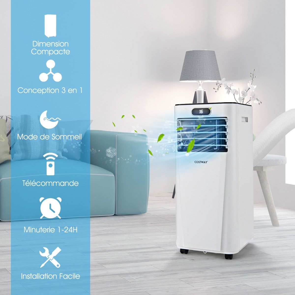 Climatiseur Portable 3 en 1, 7000 BTU, 2 Écrans LED