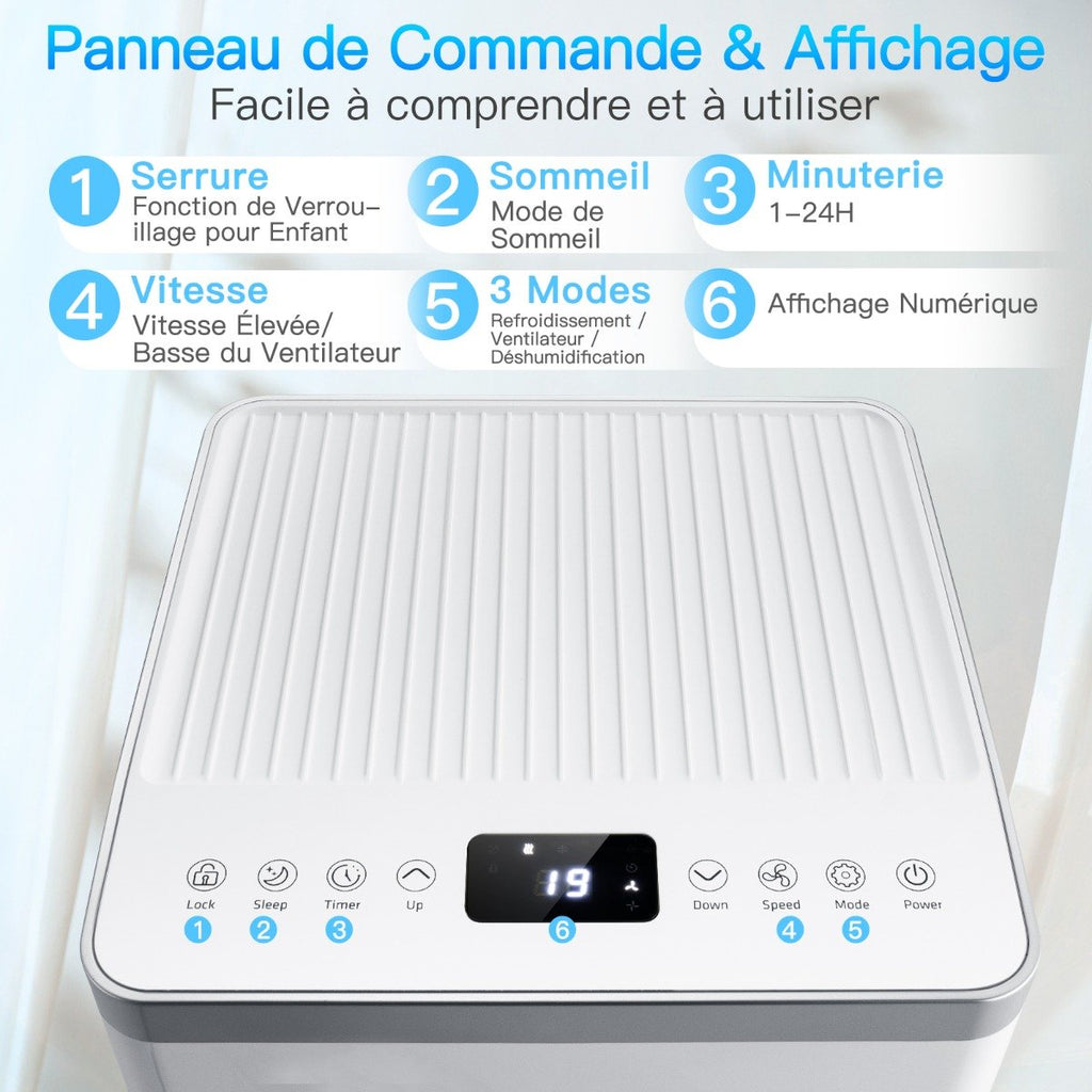 Climatiseur Portable 3 en 1, 7000 BTU, Sécurité Enfants