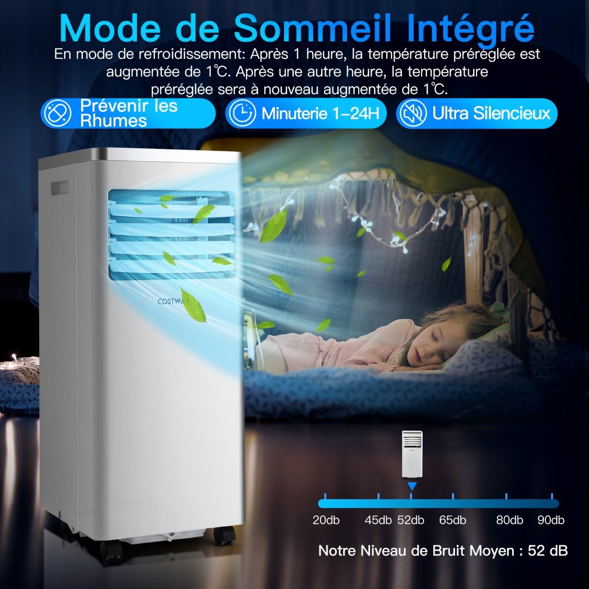 Climatiseur Portable 3 en 1, 7000 BTU, Sécurité Enfants