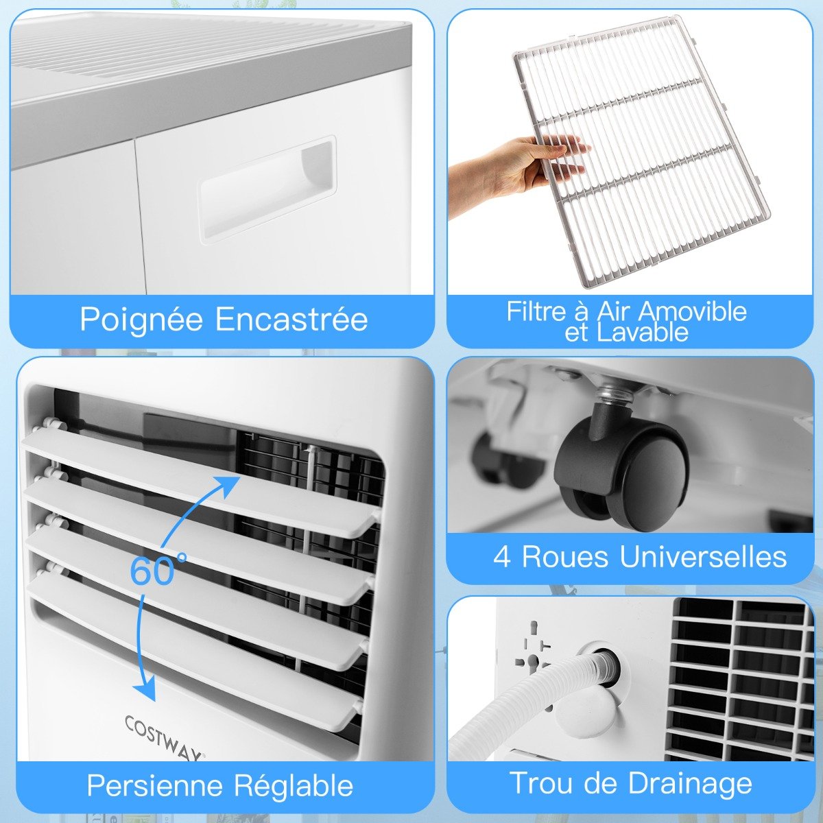 Climatiseur Portable 3 en 1, 7000 BTU, Sécurité Enfants