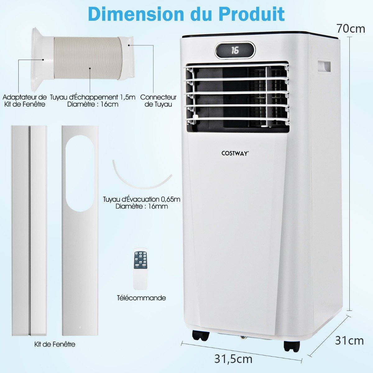 Climatiseur Portable 3 en 1 avec Télécommande, 2,6 kW