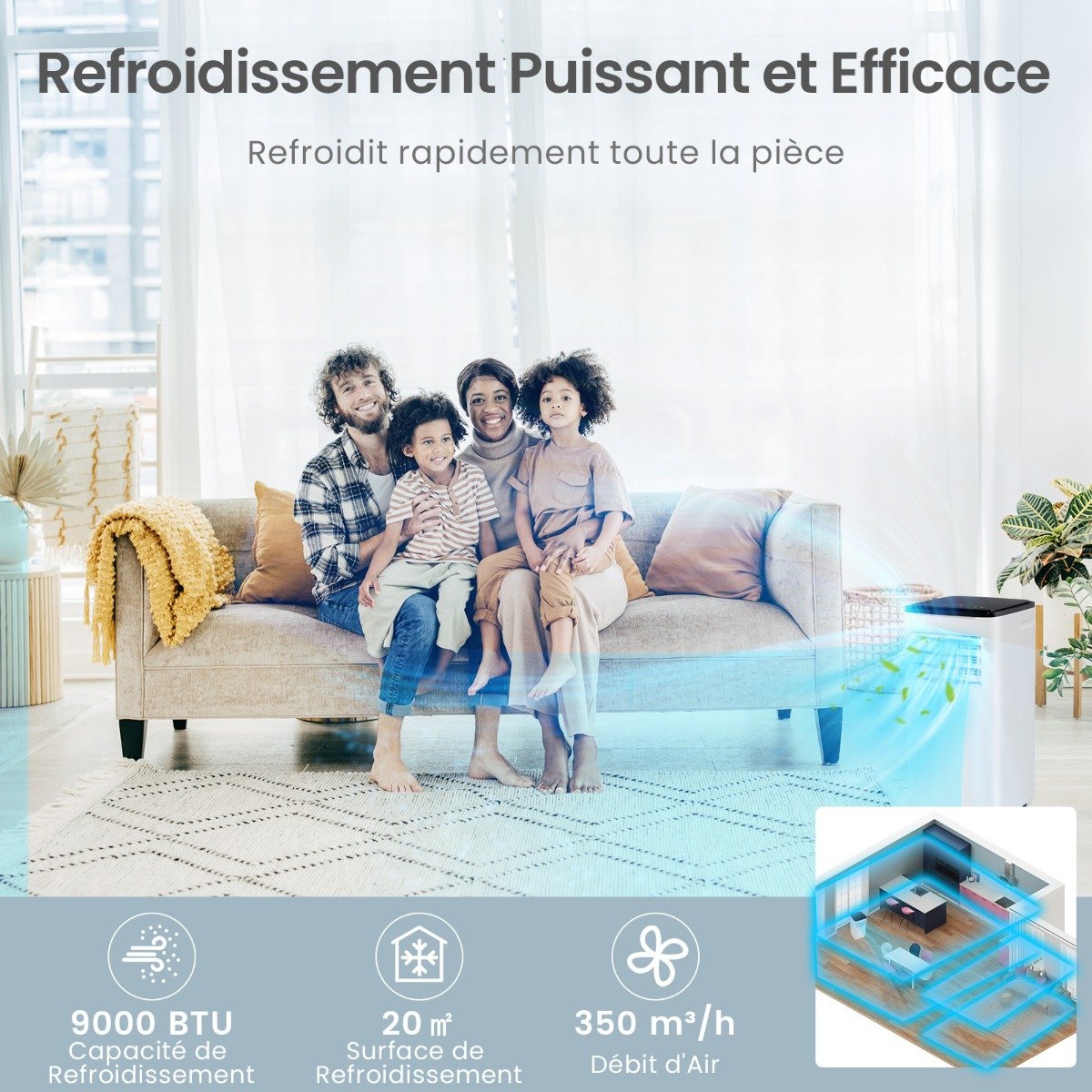 Climatiseur Portable 9000 BTU 4 en 1, Wifi