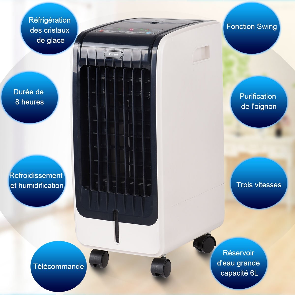 Rafraîchisseur d'Air Portable 75W, 3 Vitesses, Réservoir 6L