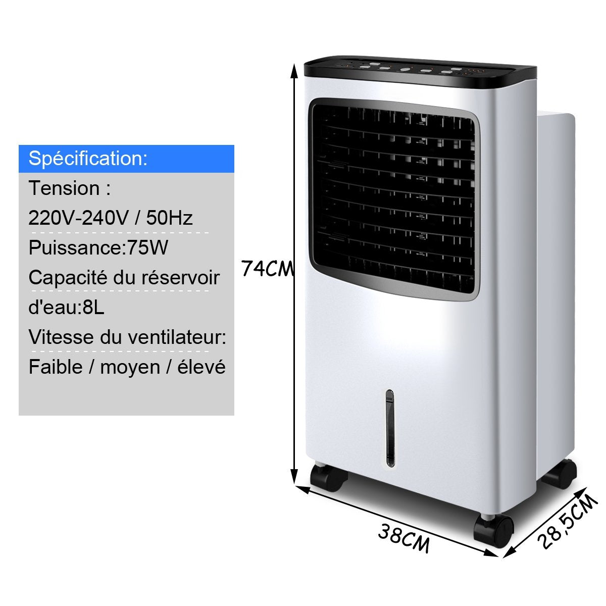 Rafraîchisseur d'Air Portable 75W 4 en 1, Réservoir 8L