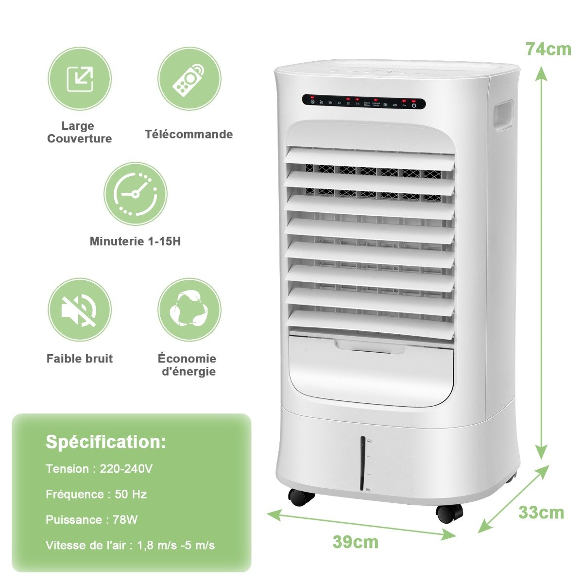 Rafraîchisseur d'Air Portable 3 en 1, Minuterie 15h, Réservoir 10L