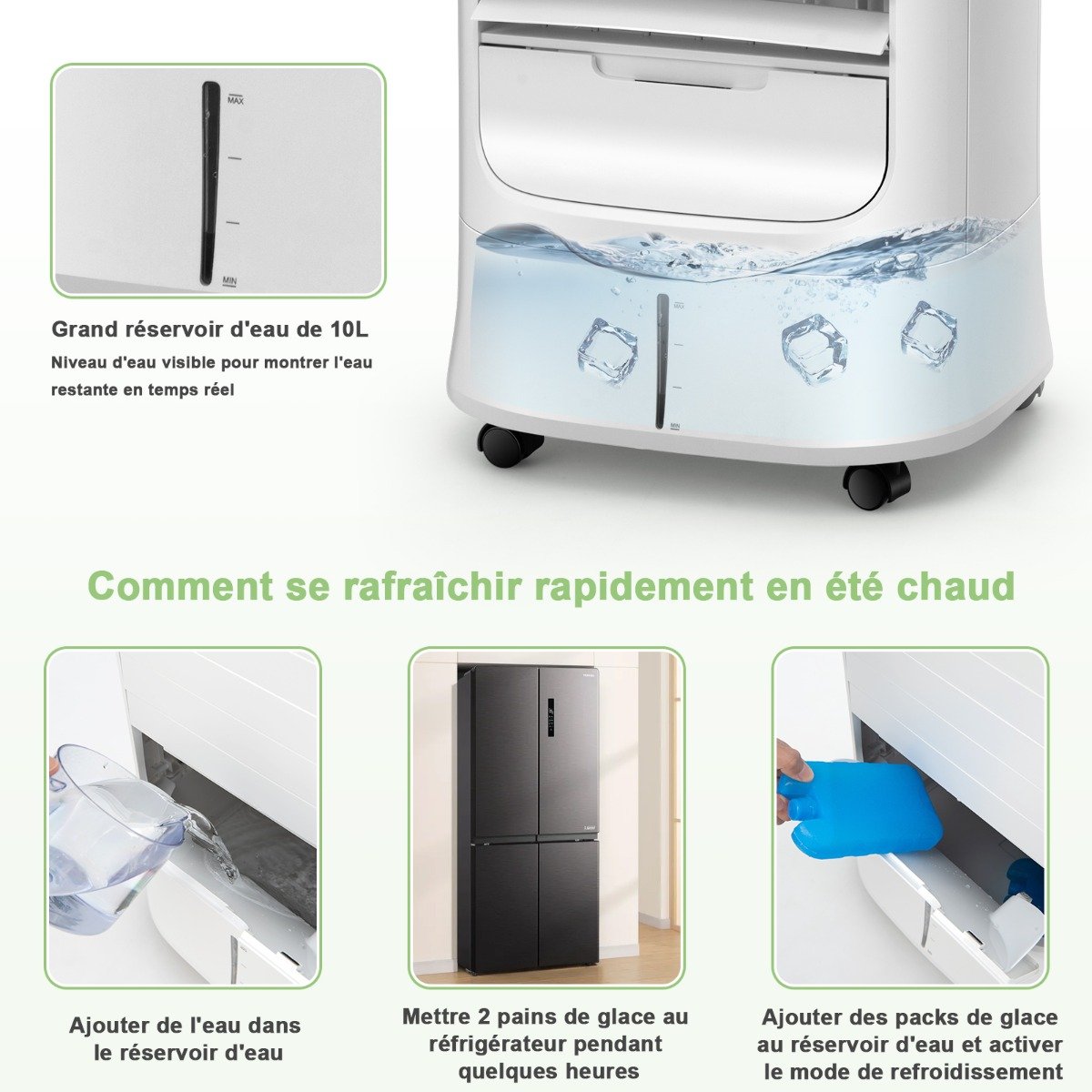 Rafraîchisseur d'Air Portable 3 en 1, Minuterie 15h, Réservoir 10L